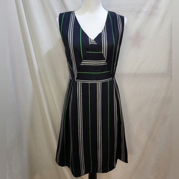 Beautifully Couture Blue Green Striped Sleeveless Lined V-Neck Dress, Small - Picture 2 of 8